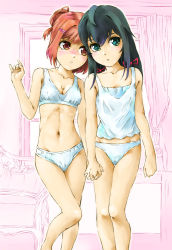 Rule 34 | 2girls, \n/, black hair, blush, bra, breasts, cleavage, clenched hand, closed mouth, collarbone, commentary, curtains, green eyes, hair bun, hair ornament, hair ribbon, hairclip, highres, holding hands, indoors, interlocked fingers, leg up, legs, light frown, long hair, looking at another, looking at viewer, marutaya, midriff, multiple girls, navel, panties, pink hair, red eyes, red ribbon, ribbon, ribs, shirt, short hair, side-by-side, single hair bun, skindentation, small breasts, standing, standing on one leg, tank top, thigh gap, underwear, underwear only, white bra, white panties, white shirt, window, yahari ore no seishun lovecome wa machigatteiru., aged down, yuigahama yui, yukinoshita yukino, yuri