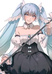 Rule 34 | 1girl, bare shoulders, beamed eighth notes, blue dress, blue eyes, blue hair, brooch, center frills, collarbone, commentary, detached collar, detached sleeves, dress, fortissimo, frills, grin, hair ornament, hand up, hatsune miku, highres, holding, holding scepter, jewelry, light blue hair, long hair, long sleeves, looking at viewer, mallope, musical note, musical note hair ornament, princess, puffy detached sleeves, puffy long sleeves, puffy sleeves, ribbon, scepter, simple background, sleeveless, sleeveless dress, smile, snowflake print, solo, sparkle, strapless, strapless dress, twintails, very long hair, vocaloid, white background, white ribbon, yuki miku, yuki miku (2019)