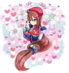 Rule 34 | 1girl, android, bad id, bad pixiv id, belt, beret, blush, breasts, brown hair, capcom, flower, gem, gloves, green eyes, hair between eyes, hair ornament, hat, heart, heart background, highres, holding, holding flower, iris (flower), iris (mega man), lily (flower), long hair, low-tied long hair, medium breasts, mega man (series), mega man x4, mega man x (series), pearl (gemstone), red hat, ribbon, smile, solo, sumomo, upper body, white gloves