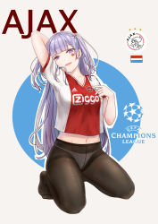 Rule 34 | 1girl, absurdres, adidas, ajax (azur lane), alternate costume, arm behind head, azur lane, character name, chinese commentary, commentary request, dutch flag, facepaint, flag, highres, jersey, kneeling, light purple hair, long hair, looking at viewer, midriff, midriff peek, name connection, navel, no pants, open mouth, panties, panties under pantyhose, pantyhose, purple eyes, smile, solo, two side up, underwear, v-neck, very long hair, zarsy