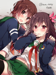Rule 34 | 10s, 2girls, bad id, bad pixiv id, bed sheet, black legwear, blush, brown eyes, brown hair, crescent, green skirt, hair ornament, hand on own face, ikeuchi tanuma, kantai collection, kisaragi (kancolle), long hair, long sleeves, looking at viewer, lying, multiple girls, mutsuki (kancolle), navel, neckerchief, on back, on side, open mouth, parted lips, pleated skirt, red eyes, school uniform, serafuku, short hair, skirt, sleeves past wrists, thighhighs, twitter username