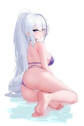 Rule 34 | 1girl, absurdres, ass, azur lane, bare shoulders, barefoot, bikini, breasts, choker, closed mouth, hair between eyes, high ponytail, highres, large breasts, light blush, long hair, looking at viewer, multicolored hair, official alternate costume, purple bikini, purple choker, purple eyes, purple hair, sidelocks, simple background, solo, streaked hair, swimsuit, toes, unzen (azur lane), unzen (sojourn through clear seas) (azur lane), very long hair, white background, white hair, zerotwenty (020)