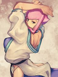 Rule 34 | 1girl, arms on head, arms up, blue eyes, dougi, highres, hime cut, hip vent, looking back, manon legrand, martial arts belt, pink hair, street fighter, street fighter 6, waist cutout, yuenibushi
