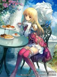 Rule 34 | 1girl, bird, blonde hair, boots, breasts, brown eyes, chair, cup, fire emblem, fire emblem: genealogy of the holy war, fire emblem cipher, food, fork, gloves, kawasumi (japonica), lachesis (fire emblem), lion, long hair, nintendo, official art, pastry, petals, pillar, pink footwear, pink thighhighs, sidelocks, sitting, skirt, small breasts, solo, statue, table, tea, teacup, thigh boots, thighhighs, tiered tray, zettai ryouiki