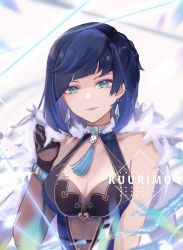 Rule 34 | 1girl, bare shoulders, blue hair, blunt bangs, breasts, cleavage, commentary, dice, elbow gloves, genshin impact, gloves, green eyes, highres, kuurimuart, large breasts, mole, mole on breast, purple lips, short hair, single glove, sleeveless, solo, upper body, yelan (genshin impact)