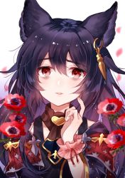 Rule 34 | 1girl, bags under eyes, black hair, commentary request, earrings, erune, flower, frills, granblue fantasy, jewelry, long hair, looking at viewer, myusha, open mouth, parted lips, red eyes, revision, scratching cheek, solo, white background