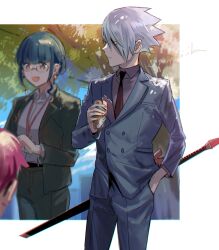 1girl aki_(neyuki41028) anosillus_ii anti_(ssss.gridman) black_hair blue_eyes braid breasts formal gauma glasses grey_hair gridman_universe gridman_universe_(film) hair_ornament jacket katana long_hair long_sleeves multiple_boys necktie open_mouth red_eyes red_hair shirt short_hair smile suit sunglasses sword tree weapon white_shirt