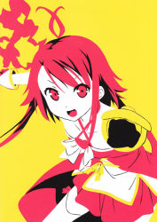 Rule 34 | 1girl, bare shoulders, black gloves, clenched hands, collarbone, fire, flat color, gauntlets, gloves, heart-shaped ornament, kirigami, looking at viewer, magical suite prism nana, miniskirt, open mouth, outstretched arms, paper cutout (medium), papercraft, red eyes, red hair, ribbon, skirt, solo, solo focus, tank top, thighhighs, traditional media, washioka itaru, white ribbon, white thighhighs, yellow ribbon