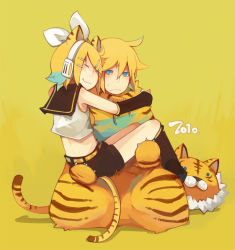 Rule 34 | 10s, 1boy, 1girl, 2010, animal costume, animal ears, animal print, blonde hair, blue eyes, bow, brother and sister, carrying, cat ears, cat tail, glider (artist), guraida, hair bow, headphones, kagamine len, kagamine rin, princess carry, siblings, tail, tiger costume, tiger print, twins, vocaloid