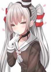 Rule 34 | 1girl, ahhien, amatsukaze (kancolle), blush, breasts, brown dress, collarbone, dress, finger to mouth, gloves, hair ornament, hair tubes, heart, heart-shaped pupils, highres, kantai collection, lifebuoy, long hair, long sleeves, looking at viewer, sailor collar, sailor dress, silver hair, simple background, smokestack hair ornament, solo, striped, swim ring, symbol-shaped pupils, two side up, upper body, white background, white gloves