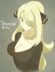 Rule 34 | 1girl, bad id, bad twitter id, blonde hair, breasts, cleavage, collarbone, creatures (company), cynthia (pokemon), game freak, grey background, hair ornament, hair over one eye, large breasts, looking at viewer, nintendo, pokemon, purple eyes, shigino sohuzi, smile, solo