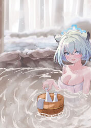 Rule 34 | 1girl, absurdres, animal ears, blue archive, blue halo, blush, breasts, cleavage, collarbone, green hair, hair between eyes, halo, highres, large breasts, naked towel, official alternate costume, onsen, open mouth, partially submerged, purple eyes, shigure (blue archive), shigure (hot spring) (blue archive), short hair, smile, solo, tokkuri, towel, water, weasel ears, white towel, yoshi-j