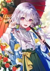 Rule 34 | 1girl, blurry, blurry background, blush, camellia, depth of field, floral print, flower, frilled skirt, frills, fur, gem, hair ornament, hakama, hakama pants, hand up, haori, highres, holding, holding umbrella, japanese clothes, jewelry, long hair, looking at viewer, low twintails, multicolored eyes, necklace, oil-paper umbrella, open mouth, original, pants, pearl (gemstone), pearl necklace, ribbon, samo cha, skirt, sleeve cuffs, smile, snow print, snowflake hair ornament, solo, tareme, twintails, umbrella, upper body, white hair, yellow ribbon