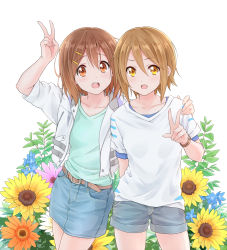Rule 34 | 2girls, :d, arm up, belt, blue shirt, brown eyes, brown hair, collarbone, commentary request, denim, denim skirt, dresstrip, flower, green shirt, hair between eyes, hair ornament, hairband, hairclip, hand on another&#039;s shoulder, hirasawa yui, jacket, k-on!, looking at viewer, multiple girls, open clothes, open jacket, open mouth, shirt, short hair, short sleeves, shorts, simple background, skirt, smile, sunflower, tainaka ritsu, v, watch, white background, white jacket, white shirt, wristwatch, yellow hairband