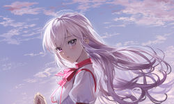 Rule 34 | 1girl, blush, breasts, cloud, commentary request, commission, day, eyelashes, floating hair, from side, grey eyes, grey hair, hand up, heterochromia, highres, long hair, looking at viewer, looking to the side, ninto, original, outdoors, pink neckwear, shirt, sky, solo, upper body, white shirt