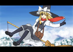 Rule 34 | 1girl, blonde hair, broom, broom riding, female focus, gloves, happy, hat, kirisame marisa, letterboxed, one eye closed, pantyhose, perfect cherry blossom, red scarf, scarf, sidesaddle, solo, thighhighs, touhou, wink, witch hat, yamaguchi takashi, yamaguchi yuu