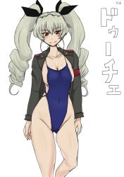 Rule 34 | 10s, 1girl, anchovy (girls und panzer), anzio military uniform, black ribbon, breasts, cleavage, closed mouth, collarbone, competition swimsuit, dated, drill hair, girls und panzer, gluteal fold, green hair, grey jacket, groin, hair ribbon, highleg, highleg swimsuit, jacket, long hair, long sleeves, looking at viewer, medium breasts, one-piece swimsuit, open clothes, open jacket, red eyes, ribbon, simple background, smile, solo, standing, standing on one leg, swimsuit, translated, twin drills, twintails, white background, yasumon