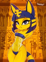 Rule 34 | 1girl, absurdres, animal crossing, animal ears, ankha (animal crossing), armpits, arms behind head, blue eyes, blue hair, breasts, cameltoe, cat ears, colored skin, egyptian, gris swimsuit, highres, looking at viewer, meme attire, nintendo, solo, sweat, swimsuit, tail