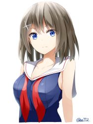 Rule 34 | 10s, 1girl, a.a (aa772), backlighting, blue eyes, breasts, brown hair, collarbone, hair ornament, hairclip, highres, kantai collection, looking at viewer, maya (kancolle), neckerchief, school uniform, serafuku, short hair, simple background, sleeveless, solo, twitter username, undone neckerchief, upper body, white background