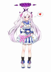 Rule 34 | 1girl, absurdres, adapted costume, alternate hairstyle, arm ribbon, black socks, blue archive, blue sailor collar, choker, detached sleeves, full body, hair ribbon, halo, heart, highres, hina (blue archive), horns, idol, mischievous straight uniform (blue archive), multiple horns, pink hair, pink ribbon, purple eyes, ribbon, sailor collar, shirt, simple background, skirt, sleeve cuffs, sleeveless, sleeveless shirt, socks, solo, thought bubble, twintails, white background, white footwear, white skirt, yueyueyue yao