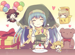 Rule 34 | 4girls, :&lt;, :d, antlers, apron, balloon, black hair, black wings, blonde hair, blue hair, blush, blush stickers, box, breasts, brown skirt, cake, chibi, closed eyes, commentary, cowboy hat, double bun, dragon horns, dress, eating, floating, food, fork, fruit, gift, gradient background, hair bun, hand on own cheek, hand on own face, haniyasushin keiki, hat, head scarf, heart, highres, holding, holding fork, horn ornament, horn ribbon, horns, in box, in container, jewelry, joutouguu mayumi, kicchou yachie, kurokoma saki, long hair, magatama, magatama necklace, medium breasts, multiple girls, necklace, open mouth, ribbon, shirt, short hair, simple background, sitting, skirt, smile, sparkle, strawberry, stuffed animal, stuffed toy, subaru (subachoco), swept bangs, symbol-only commentary, table, teddy bear, touhou, turtleneck, wide sleeves, wings, yellow background, yellow dress, yellow shirt