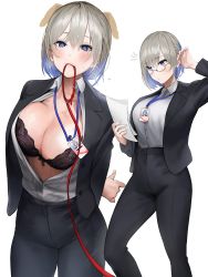 Rule 34 | 1girl, absurdres, black bra, blush, bra, breasts, cleavage, closed mouth, collared shirt, glasses, grey hair, half-closed eyes, heart, heart-shaped pupils, high-waist pants, highres, holding, holding paper, large breasts, looking at viewer, looking away, office lady, original, pants, paper, round eyewear, seductive smile, shirt, shirt tucked in, short hair, smile, symbol-shaped pupils, underwear, uniform, uthy