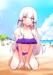 Rule 34 | 1girl, alternate costume, bare shoulders, beach, bikini, blue sky, blush, breasts, closed mouth, collarbone, commentary, day, dip-art, english commentary, fingernails, fire emblem, fire emblem: three houses, frilled bikini, frilled swimsuit, frills, hair between eyes, hair ornament, highres, horizon, kneeling, light rays, lips, long hair, looking at viewer, lysithea von ordelia, medium breasts, nail, navel, nintendo, ocean, outdoors, palm tree, pink eyes, purple bikini, sand, shadow, sky, small breasts, sunlight, swimsuit, tree, veil, water, wet, white hair
