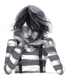 Rule 34 | 1boy, aged down, androgynous, arm rest, black hair, child, highres, jaibo (litchi hikari club), litchi hikari club, looking at viewer, male focus, monochrome, shirt, simple background, solo, spot color, striped clothes, striped shirt, suspenders, white background
