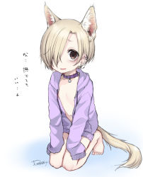 Rule 34 | 10s, 1girl, animal ears, bare shoulders, blonde hair, brown eyes, cat ears, cat tail, coat, collar, dancho (dancyo), extra ears, flat chest, hair over one eye, hands in opposite sleeves, highres, idolmaster, idolmaster cinderella girls, looking at viewer, naked coat, navel, seiza, shirasaka koume, short hair, simple background, sitting, sleeves past wrists, smile, solo, tail, white background