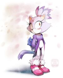 Rule 34 | 1girl, animal ears, arms behind back, blaze the cat, blush, cat ears, cat girl, cat tail, deebs, forehead jewel, fur-trimmed footwear, fur trim, furry, furry female, gold necklace, highres, jacket, jewelry, necklace, pants, pink footwear, ponytail, purple jacket, signature, sonic (series), stuffed toy, tail, white pants, yellow eyes
