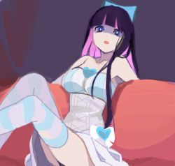 Rule 34 | 10s, 1girl, bad drawr id, bad id, bow, colored inner hair, drawr, hair bow, multicolored hair, oekaki, panty &amp; stocking with garterbelt, piyodera mucha, sitting, skirt, solo, stocking (psg), striped clothes, striped thighhighs, thighhighs, two-tone hair