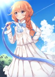 Rule 34 | 1girl, blue bow, blue sky, blush, bow, braid, breasts, brown hair, closed mouth, cloud, collared dress, commentary request, covered erect nipples, day, dress, frilled dress, frills, hair between eyes, hair over shoulder, hand on own hip, highres, holding, hose, long hair, long sleeves, looking away, low twintails, mia (kuja999), outdoors, pleated dress, princess connect!, purple eyes, see-through, sky, small breasts, smile, solo, twin braids, twintails, water, water drop, wet, wet clothes, wet dress, white dress, yuni (princess connect!)
