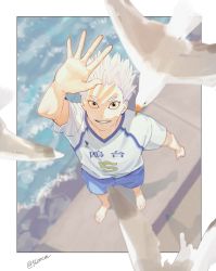 Rule 34 | 1boy, 5600cm, absurdres, arm up, barefoot, bird, border, from above, grin, haikyuu!!, highres, hoshiumi kourai, huge filesize, looking at viewer, male focus, ocean, seagull, short hair, smile, sportswear, standing, twitter username, volleyball uniform, white hair, yellow eyes
