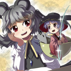 Rule 34 | 2girls, anger vein, animal ears, basket, blush stickers, bowl, bowl hat, brown eyes, capelet, gem, grey hair, hand on own cheek, hand on own face, hat, highres, jewelry, light purple hair, long sleeves, mini person, minigirl, mouse (animal), mouse ears, mouse tail, multiple girls, nazrin, necklace, needle, open mouth, pendant, red eyes, short hair, smile, sukuna shinmyoumaru, syope, tail, touhou, wide sleeves