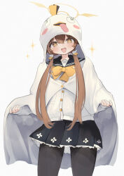Rule 34 | absurdres, ascot, black skirt, blue archive, blue sailor collar, blush, cardigan, cloak, hair between eyes, halo, hifumi (blue archive), highres, hood, hooded cloak, light brown hair, long hair, looking at viewer, low twintails, mashiro latte (msrn39), open mouth, pantyhose, peroro (blue archive), pleated skirt, sailor collar, sidelocks, simple background, skirt, smile, sparkle, sparkling eyes, twintails, white background, white cardigan, wing hair ornament, yellow eyes