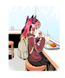 Rule 34 | absurdres, alternate costume, backpack, bag, blonde hair, brand name imitation, burger, casual, cup, duel monster, flower, food, french fries, gradient hair, hair flower, hair ornament, highres, holding, holding food, horns, jacket, logo parody, long sleeves, mcdonald&#039;s, multicolored hair, orange hair, pantyhose, pink hair, pleated skirt, red eyes, red hair, sitting, skirt, solo, stool, straw, tomiyama mishiro, track jacket, traptrix mantis, tray, yu-gi-oh!