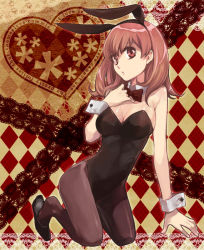 Rule 34 | 1girl, animal ears, argyle, arm support, bad id, bad pixiv id, bare shoulders, bow, bowtie, breasts, brown eyes, brown hair, rabbit ears, playboy bunny, cleavage, detached collar, fake animal ears, female focus, hand on own chest, heart, kneeling, large breasts, original, pantyhose, sakurai muto, shoes, short hair, solo, wrist cuffs