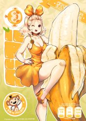 Rule 34 | 1girl, banana, bow, breasts, cleavage, dress, flower, food, fruit, hairband, hand on own hip, high heels, highres, kenron toqueen, large breasts, leg up, looking at viewer, medium hair, monkey, one eye closed, open mouth, orange bow, original, oversized food, oversized object, pink eyes, sleeveless, sleeveless dress, smile, solo, thighs, white hair, yellow dress, yellow flower, yellow footwear