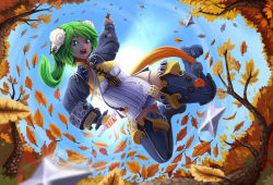 Rule 34 | 10s, 1girl, autumn leaves, barbariank, blade &amp; soul, breasts, bun cover, double bun, green eyes, green hair, incoming attack, long hair, matching hair/eyes, ninja, ponytail, shuriken, solo, thick thighs, thighs, weapon, wide hips