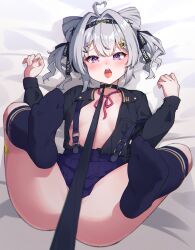 Rule 34 | 1girl, absurdres, ahoge, bandaid on thigh, black collar, black shirt, blush, breasts, collar, commentary, convenient censoring, english commentary, feet, grey hair, hair intakes, hair ornament, highres, leash, looking at viewer, lying, nijisanji, nijisanji en, no bra, on back, open clothes, open mouth, pet play, purple eyes, ribbon, seion, shirt, skirt, small breasts, socks, solo, spread legs, tongue, virtual youtuber, zaion lanza