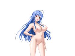 Rule 34 | 1girl, blue hair, braid, breasts, censored, game cg, hand on own hip, happy, huge breasts, legs, long hair, looking at viewer, mainichi shabutte ii desu ka?, mochizuki nozomu, navel, nipples, nude, open mouth, pussy, red eyes, simple background, smile, solo, standing, thighs, twin braids, white background, yamada momoko