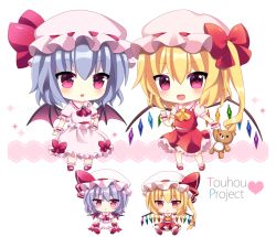 Rule 34 | 2girls, :d, ascot, bad id, bad pixiv id, bat wings, blonde hair, blue hair, blush, bow, chibi, copyright name, crystal, female focus, flandre scarlet, frilled shirt collar, frills, full body, hat, hat bow, heart, looking at viewer, mayo (miyusa), mob cap, multiple girls, multiple views, open mouth, petticoat, pink eyes, pink shirt, pink skirt, puffy short sleeves, puffy sleeves, red bow, red skirt, red vest, remilia scarlet, sash, shirt, short sleeves, siblings, side ponytail, sisters, skirt, skirt set, smile, standing, stuffed animal, stuffed toy, teddy bear, touhou, vest, white background, wings, wrist cuffs
