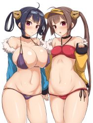 Rule 34 | &gt;:/, 2girls, :/, :o, ahoge, areola slip, arms behind back, azur lane, bikini, black hair, blush, breasts, brown hair, choker, collarbone, covered erect nipples, cowboy shot, fur-trimmed jacket, fur trim, hair rings, holding hands, huge breasts, jacket, long hair, looking at viewer, multiple girls, navel, ning hai (azur lane), ning hai (summer hunger) (azur lane), off shoulder, ping hai (azur lane), ping hai (summer vacation) (azur lane), purple bikini, purple eyes, red bikini, simple background, skindentation, small breasts, stomach, swimsuit, twintails, v-shaped eyebrows, very long hair, visor cap, white background, yamaori