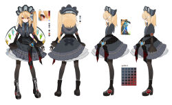 Rule 34 | 1girl, alternate costume, black dress, black footwear, black gloves, black pantyhose, blonde hair, blush, boots, closed mouth, crystal, dress, fingernails, flandre scarlet, frilled sleeves, frills, gloves, gotou (nekocat), highres, long hair, long sleeves, multiple views, nail polish, one side up, pantyhose, partially fingerless gloves, red eyes, red nails, simple background, touhou, white background, wings