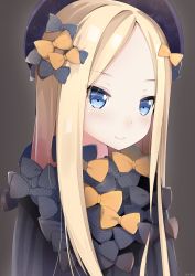 Rule 34 | 1girl, abigail williams (fate), artist name, black bow, black dress, black hat, blonde hair, blue eyes, blush, bow, brown background, closed mouth, commentary request, dress, fate/grand order, fate (series), forehead, hair bow, hat, highres, lineflo, long sleeves, looking at viewer, orange bow, parted bangs, polka dot, polka dot bow, simple background, sleeves past wrists, smile, solo, starry sky print, v-shaped eyebrows