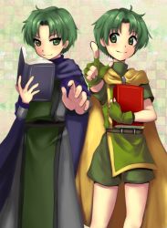 Rule 34 | 2boys, apron, blue eyes, blush, book, brown eyes, cape, child, dress, fingerless gloves, fire emblem, fire emblem: the binding blade, gloves, green hair, highres, looking at viewer, male focus, multiple boys, nintendo, pointing finger, privia4, raigh (fire emblem), ray (fire emblem), shirt, short hair, shorts, siblings, smile, standing, t-shirt, twins