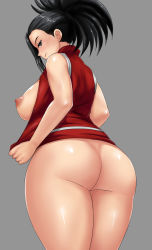 Rule 34 | 10s, 1girl, ass, bare arms, bare shoulders, black eyes, black hair, blush, boku no hero academia, bottomless, breasts, breasts out, curvy, large breasts, legs, long hair, looking back, nipples, ponytail, puffy nipples, smile, solo, thick thighs, thighs, wide hips, yaoyorozu momo