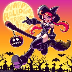 Rule 34 | 1girl, bare shoulders, bat (animal), black footwear, black gloves, black thighhighs, broom, broom riding, detached sleeves, earrings, full body, full moon, gloves, gradient background, halloween, hat, jack-o&#039;-lantern, jewelry, leotard, long hair, looking at viewer, mabius, moon, open mouth, orange background, orange hair, orange sky, original, pink eyes, pixel art, pointy ears, shoes, sky, solo, strapless, strapless leotard, thighhighs, tombstone, tree, witch, witch hat