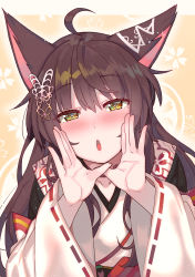 Rule 34 | 1girl, absurdres, ahoge, animal ears, back bow, blush, bow, butterfly hair ornament, cherry blossom print, choker, collarbone, floral background, floral print, fox ears, fox girl, fumi (nijisanji), hair ornament, hand to own mouth, heart, heart-shaped pupils, highres, japanese clothes, kimono, lace-trimmed sleeves, lace trim, leaning forward, long hair, long sleeves, looking at viewer, nijisanji, obi, open mouth, outline, print kimono, red choker, sash, smile, solo, symbol-shaped pupils, tonarikeru, upper body, virtual youtuber, white kimono, wide sleeves, yellow background, yellow eyes