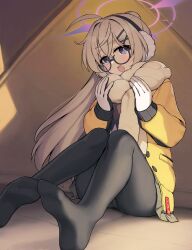 Rule 34 | 1girl, ahoge, black-framed eyewear, black pantyhose, blonde hair, blue archive, blue eyes, blush, earmuffs, glasses, halo, highres, indoors, jacket, kotama (blue archive), kotama (camp) (blue archive), legs, long hair, long sleeves, looking at viewer, no shoes, official alternate costume, open mouth, pantyhose, ponytail, purple eyes, purple halo, rotix, scarf, sitting, smile, soles, solo, tent, tent interior, white scarf, yellow jacket